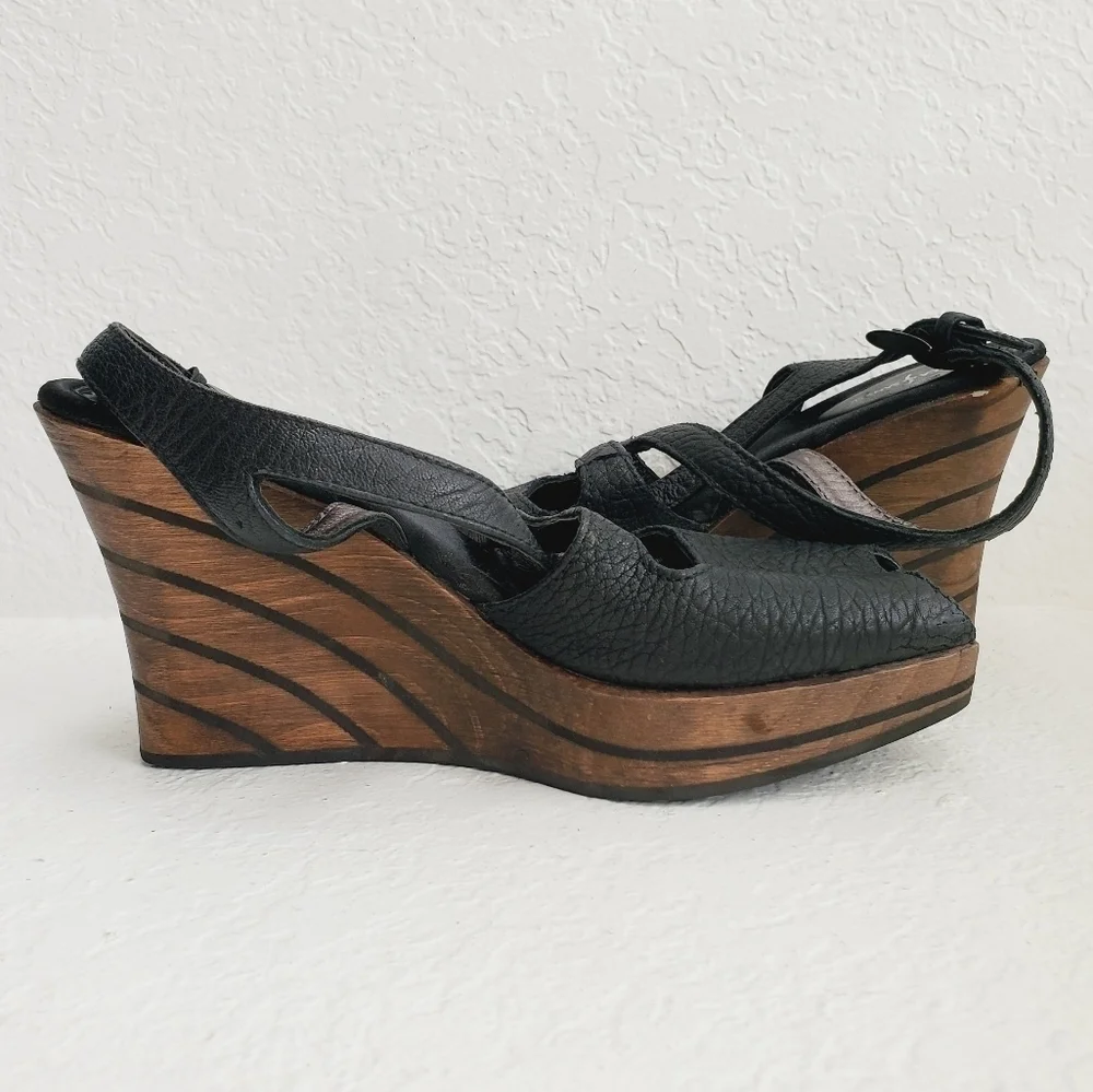 Rebeca Sanver Spain Y2K Leather Chunky Wedge Wood Platform Sandals 40EU